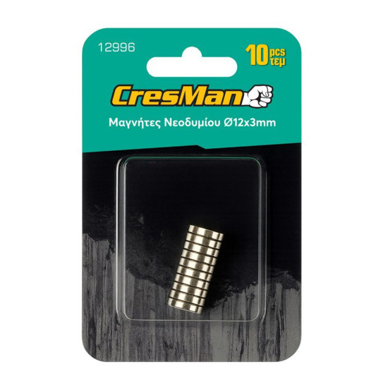 CRESMAN Μαγνήτης νεοδυμίου στρόγγυλος 12Χ3mm σετ 10 τεμάχια 12996
