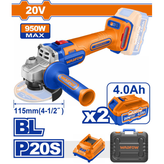 WADFOW Σετ γωνιακός τροχός 115mm μπαταρίας Li-ion 20V / 950W / 4Ah / 2 μπαταρίες BL Motor WLAP5322E