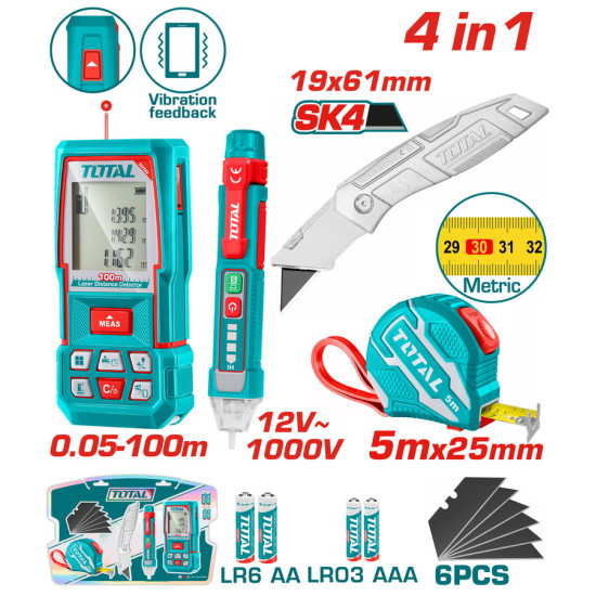 TOTAL Επαγγελματικό σετ μετρητής αποστάσεων  LASER 100m 4 σε 1 TOS250701M