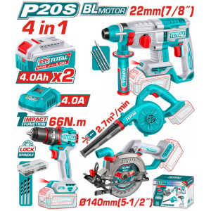 TOTAL Επαγγελματικό σετ 4 εργαλείων μπαταρίας Li-ion 20V / 4Ah / 2 ΜΠΑΤΑΡΙΕΣ TOSLI250695E