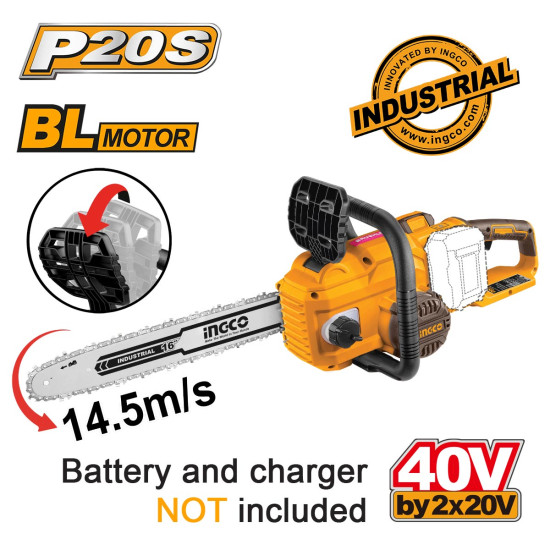 INGCO Αλυσοπρίονο μπαταρίας 2x20V Li-Ion 40cm Λάμα SOLO CGSLI40168