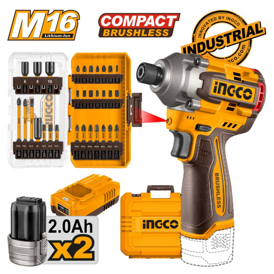 INGCO Κατσαβίδι παλμικό Compact Μπαταρίας 16V Li-Ion 170Nm + μύτες Impact σετ 31 τεμάχια COSLI241083E