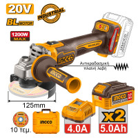 INGCO Γωνιακός τροχός μπαταρίας 125mm 20V Li-Ion με αντικραδασμική πλαϊνή λαβή CAGLI2120272E