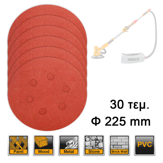 INGCO Φύλλα λείανσης τριβείου Φ 225mm Σετ 30 τεμάχια για DWS….. AKRS225030