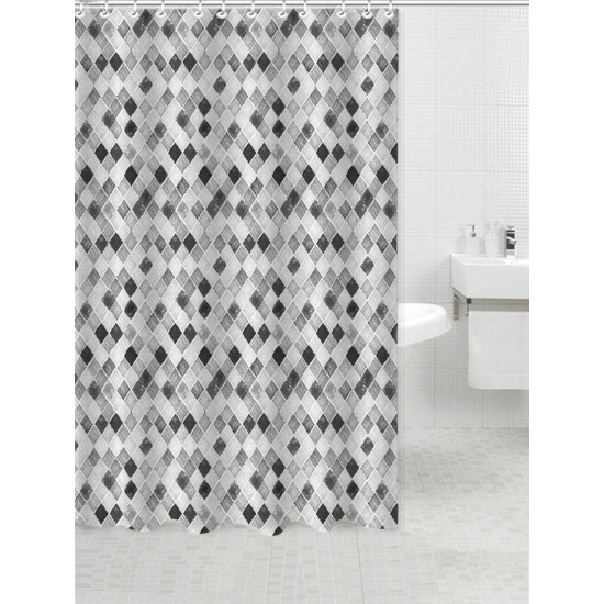 ANKOR Κουρτίνα μπάνιου πολυεστερική 180Χ180cm 90gsm με 12 κρίκους με διακόσμηση ρόμβους στις αποχρώσεις του γκρι 808526