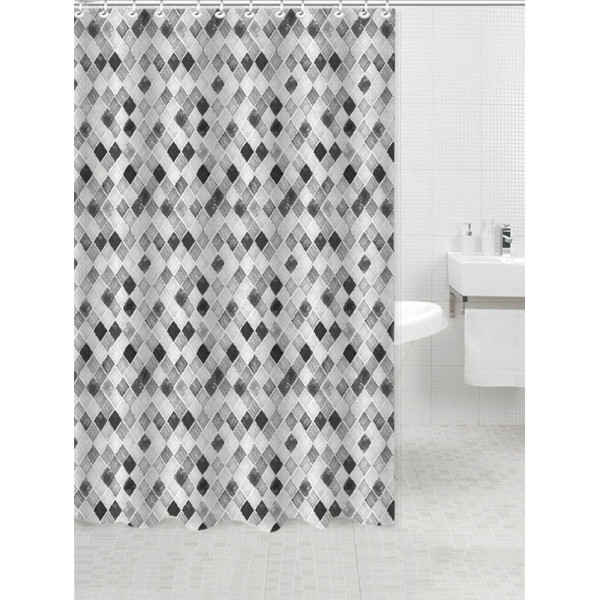 ANKOR Κουρτίνα μπάνιου πολυεστερική 180Χ180cm 90gsm με 12 κρίκους με διακόσμηση ρόμβους στις αποχρώσεις του γκρι 808526