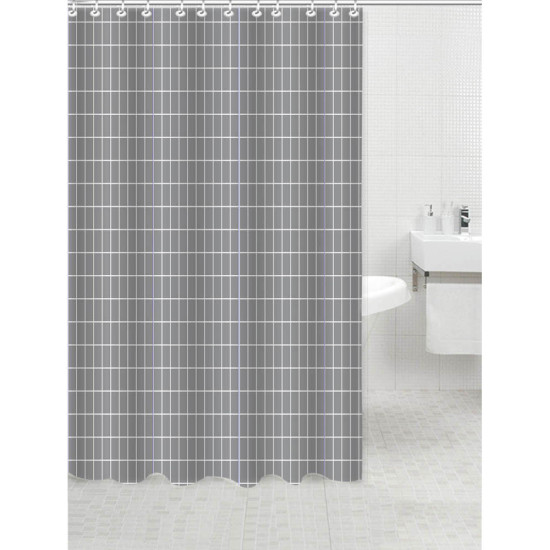 ANKOR Κουρτίνα μπάνιου πολυεστερική 180Χ180cm 90gsm με 12 κρίκους σε γκρι χρώμα με διακόσμηση πολύ λεπτό άσπρο καρό 808564