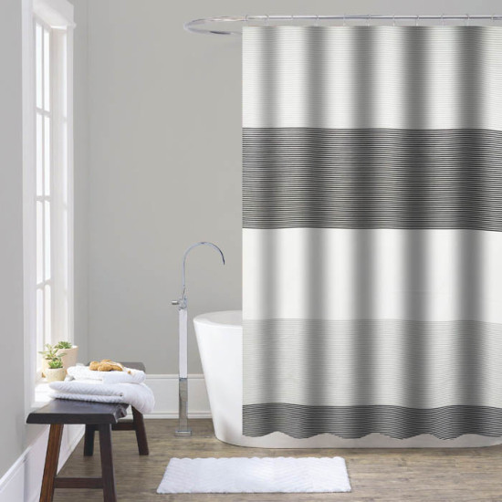 ANKOR Κουρτίνα μπάνιου πολυεστερική 180Χ200cm 90gsm με 12 κρίκους με διακόσμηση ρίγες σε άσπρο, γκρι και μαύρο χρώμα 815524