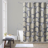 ANKOR Κουρτίνα μπάνιου πολυεστερική 180Χ180cm 90gsm με 12 κρίκους με διακόσμηση μεγάλα βότσαλα σε γκρι και μπεζ χρώματα 815555