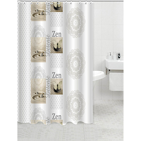 ANKOR Κουρτίνα μπάνιου πολυεστερική 180Χ180cm 90gsm με 12 κρίκους με επιγραφή zen σε μπεζ και άσπρα χρώματα 808571