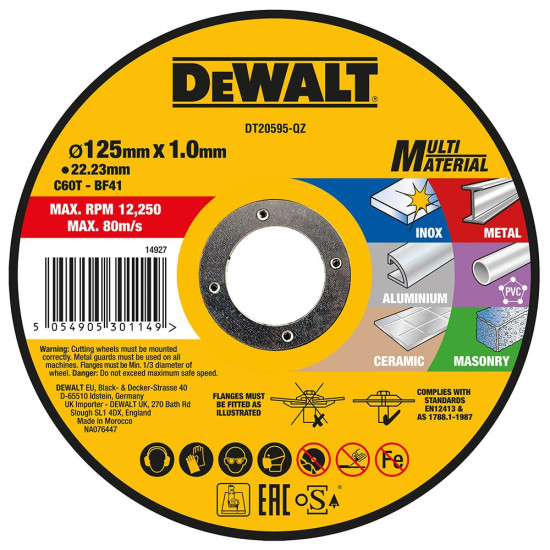 DeWALT Δίσκοι κοπής διαφόρων υλικών 125Χ1.0mm DT20595