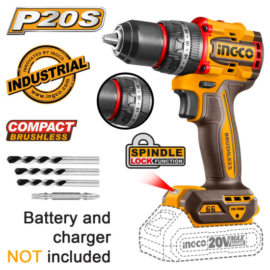 INGCO Κρουστικό δραπανοκατσάβιδο Compact Μπαταρίας 20V Li-Ion SOLO 66Nm CIDLI206681