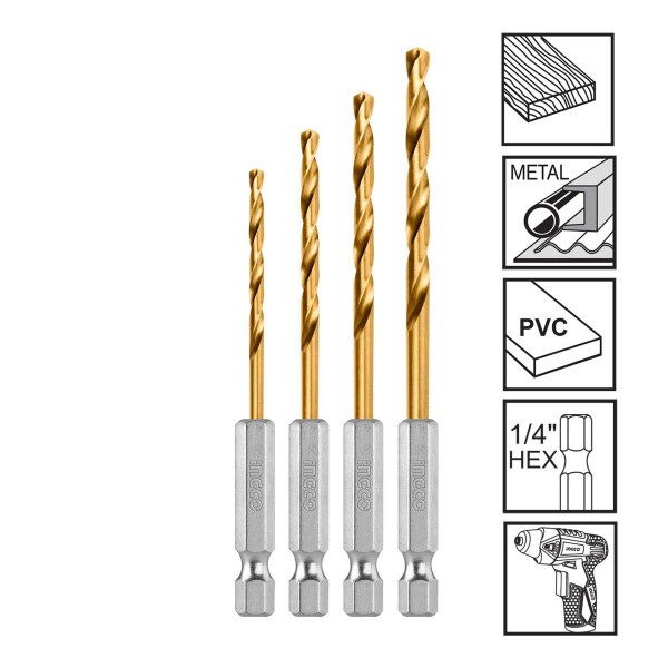 INGCO Τρυπάνια μετάλλου HSS με υποδοχή 1/4" 1.5-4mm σετ 4 τεμάχια AKD1401