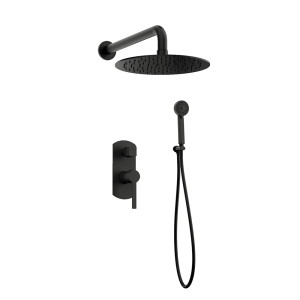 Orabella Elegance Black matt - Shower set εντοιχισμού με Μπαταρία λουτρού, εντοιχισμού 2 σημείων, κεφαλή Φ250 με βραχίονα και τηλέφωνο ντουζ με σπιράλ και επιτοίχειο στήριγμα