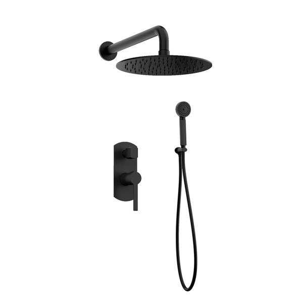 Orabella Elegance Black matt - Shower set εντοιχισμού με Μπαταρία λουτρού, εντοιχισμού 2 σημείων, κεφαλή Φ250 με βραχίονα και τηλέφωνο ντουζ με σπιράλ και επιτοίχειο στήριγμα