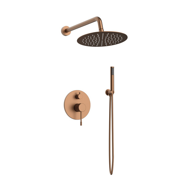 Orabella Terra Rose gold - Shower set εντοιχισμού με Μπαταρία λουτρού, εντοιχισμού 2 σημείων, κεφαλή Φ250 με βραχίονα και τηλέφωνο ντουζ με σπιράλ και επιτοίχειο στήριγμα