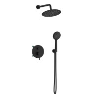 Orabella Preciosa Black matt - Shower set εντοιχισμού με Μπαταρία λουτρού, εντοιχισμού 2 σημείων, κεφαλή Φ250  με βραχίονα και τηλέφωνο ντουζ με σπιράλ και επιτοίχειο στήριγμα