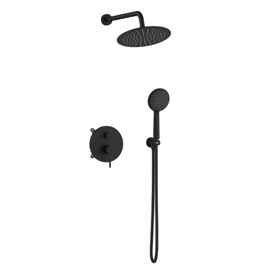 Orabella Preciosa Black matt - Shower set εντοιχισμού με Μπαταρία λουτρού, εντοιχισμού 2 σημείων, κεφαλή Φ250  με βραχίονα και τηλέφωνο ντουζ με σπιράλ και επιτοίχειο στήριγμα