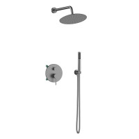 Orabella Preciosa Gun metal light - Shower set εντοιχισμού με Μπαταρία λουτρού, εντοιχισμού 2 σημείων, κεφαλή Φ250  με βραχίονα και τηλέφωνο ντουζ με σπιράλ και επιτοίχειο στήριγμα