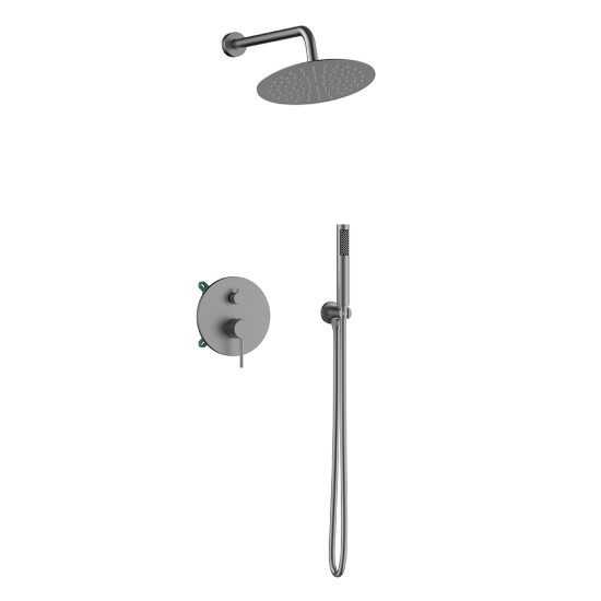 Orabella Preciosa Gun metal light - Shower set εντοιχισμού με Μπαταρία λουτρού, εντοιχισμού 2 σημείων, κεφαλή Φ250  με βραχίονα και τηλέφωνο ντουζ με σπιράλ και επιτοίχειο στήριγμα