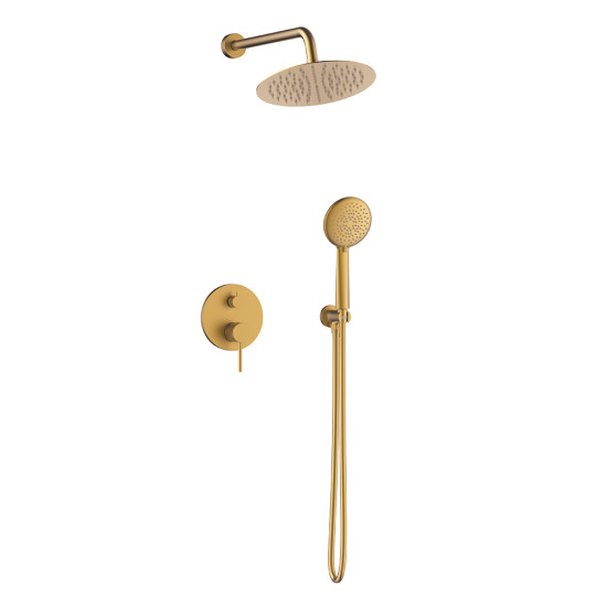 Orabella Preciosa Brushed gold - Shower set εντοιχισμού με Μπαταρία λουτρού, εντοιχισμού 2 σημείων, κεφαλή Φ250  με βραχίονα και τηλέφωνο ντουζ με σπιράλ και επιτοίχειο στήριγμα