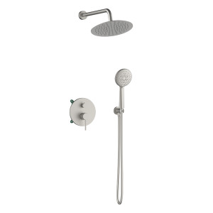 Orabella Preciosa Brushed nickel - Shower set εντοιχισμού με Μπαταρία λουτρού, εντοιχισμού 2 σημείων, κεφαλή Φ250  με βραχίονα και τηλέφωνο ντουζ με σπιράλ και επιτοίχειο στήριγμα