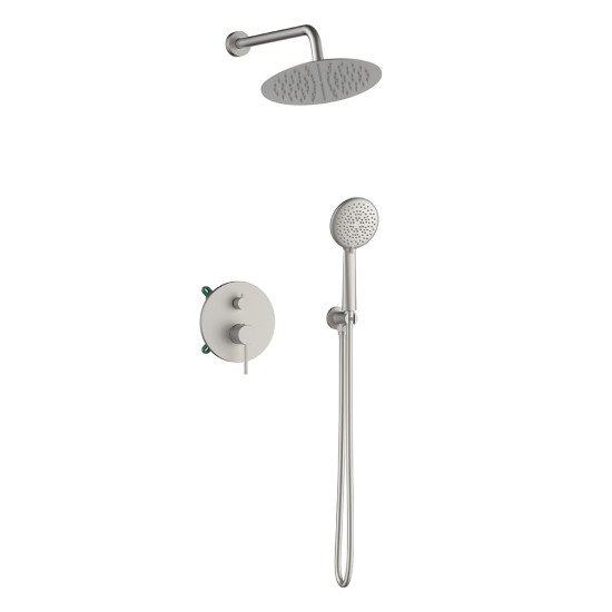 Orabella Preciosa Brushed nickel - Shower set εντοιχισμού με Μπαταρία λουτρού, εντοιχισμού 2 σημείων, κεφαλή Φ250  με βραχίονα και τηλέφωνο ντουζ με σπιράλ και επιτοίχειο στήριγμα