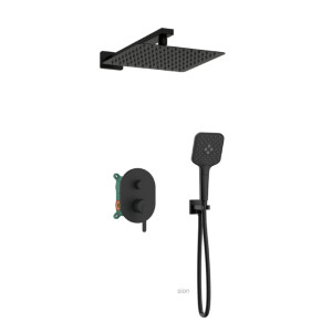 Orabella Marea Black matt - Shower set εντοιχισμού με Μπαταρία λουτρού, εντοιχισμού 2 σημείων, κεφαλή 250x250 με βραχίονα και τηλέφωνο ντουζ με σπιράλ και επιτοίχειο στήριγμα