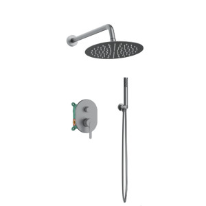 Orabella Marea Gun metal light - Shower set εντοιχισμού με Μπαταρία λουτρού, εντοιχισμού 2 σημείων, κεφαλή Φ250 με βραχίονα και τηλέφωνο ντουζ με σπιράλ και επιτοίχειο στήριγμα