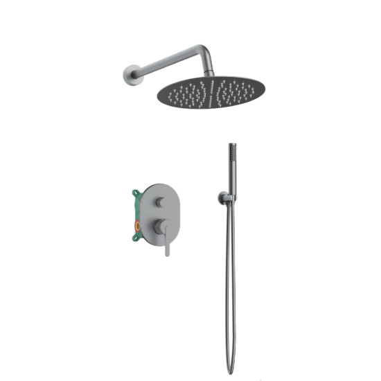 Orabella Marea Gun metal light - Shower set εντοιχισμού με Μπαταρία λουτρού, εντοιχισμού 2 σημείων, κεφαλή Φ250 με βραχίονα και τηλέφωνο ντουζ με σπιράλ και επιτοίχειο στήριγμα