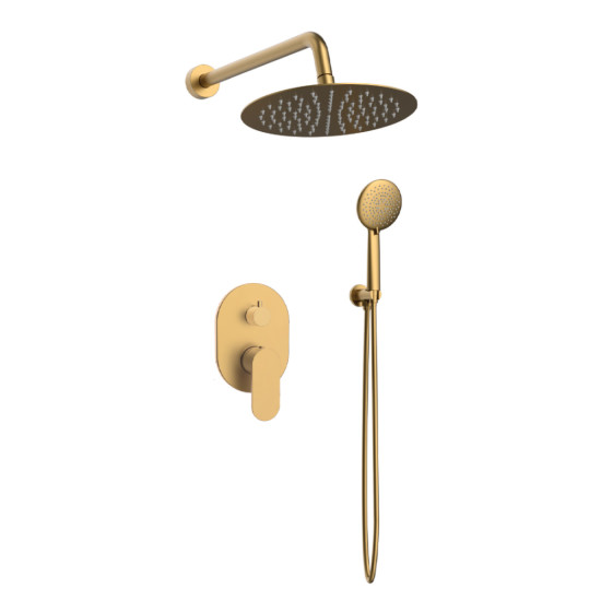Orabella Oval Brushed gold - Shower set εντοιχισμού με Μπαταρία λουτρού, εντοιχισμού 2 σημείων, κεφαλή Φ250  με βραχίονα και τηλέφωνο ντουζ με σπιράλ και επιτοίχειο στήριγμα 