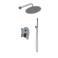 Orabella Oval Gun metal light - Shower set εντοιχισμού με Μπαταρία λουτρού, εντοιχισμού 2 σημείων, κεφαλή Φ250 με βραχίονα και τηλέφωνο ντουζ με σπιράλ και επιτοίχειο στήριγμα
