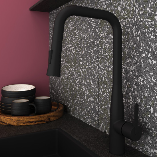 Orabella Comfort black matt - Μπαταρία Κουζίνας με αποσπώμενο ντουζ 2 ροών
