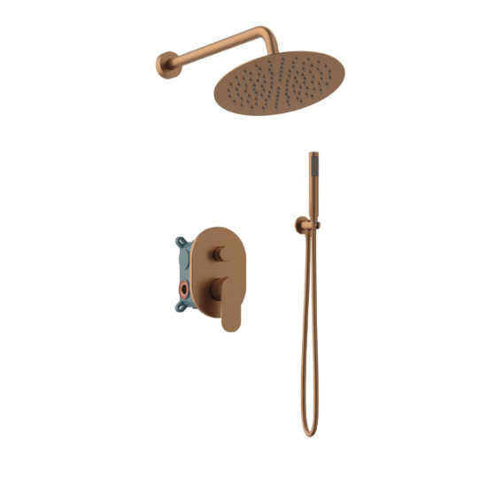 Orabella Aspen Rose gold - Shower set εντοιχισμού με Μπαταρία λουτρού, εντοιχισμού 2 σημείων, κεφαλή Φ250 με βραχίονα και τηλέφωνο ντουζ με σπιράλ και επιτοίχειο στήριγμα
