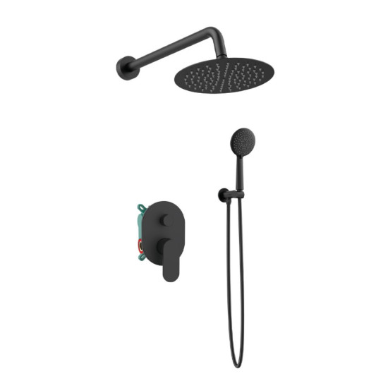 Orabella Aspen Black matt - Shower set εντοιχισμού με Μπαταρία λουτρού, εντοιχισμού 2 σημείων, κεφαλή Φ250 με βραχίονα και τηλέφωνο ντουζ με σπιράλ και επιτοίχειο στήριγμα