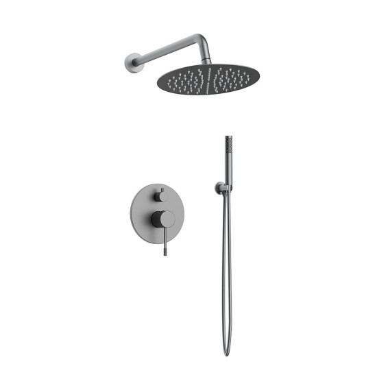 Orabella Terra Gun Metal Light - Shower set εντοιχισμού με Μπαταρία λουτρού, εντοιχισμού 2 σημείων, κεφαλή Φ250 με βραχίονα και τηλέφωνο ντουζ με σπιράλ και επιτοίχειο στήριγμα