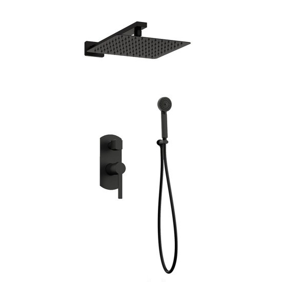 Orabella Elegance Black matt - Shower set εντοιχισμού με Μπαταρία λουτρού, εντοιχισμού 2 σημείων, κεφαλή 250x250 με βραχίονα και τηλέφωνο ντουζ με σπιράλ και επιτοίχειο στήριγμα