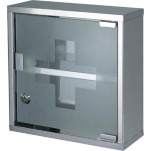 SIDIRELA Φαρμακείο 30X30cm inox με γυάλινο πορτάκι και κλειδαριά ασημί Ε-1355
