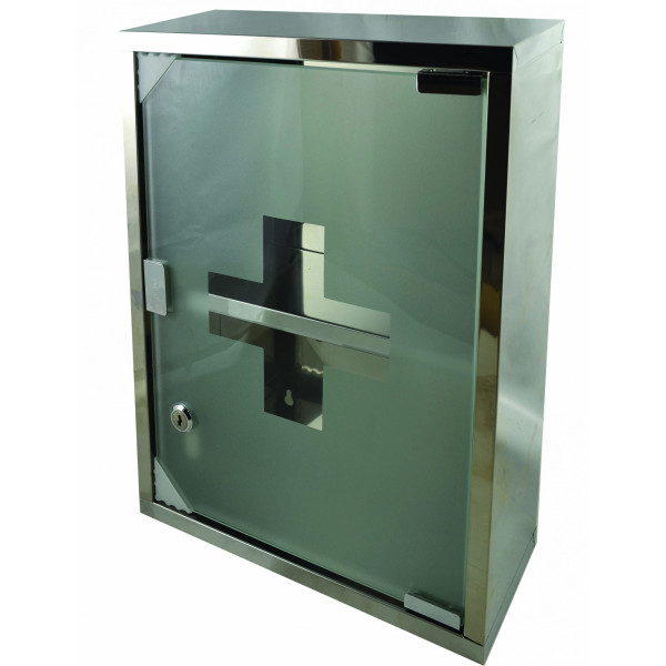 SIDIRELA Φαρμακείο 30X40cm inox με γυάλινο πορτάκι και κλειδαριά ασημί Ε-1215