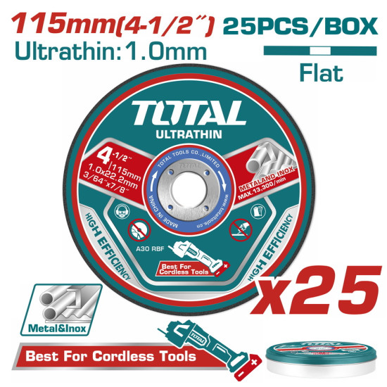 TOTAL Δίσκος κοπής inox/μετάλλου 115Χ1mm 25 τεμάχια σε μεταλλικό κουτί TAC11011525