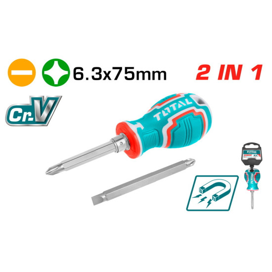 TOTAL Κατσαβίδι νάνος μαγνητικός διπλός PH2 + SL6.3Χ75 THT250216