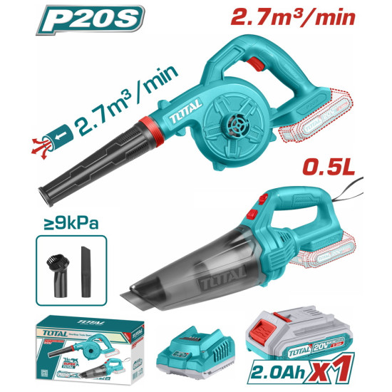 TOTAL Σετ φυσητήρας και σκουπάκι μπαταρίας Li-ion 20V / 2Ah / 1 ΜΠΑΤΑΡΙΑ TOSLI240998E