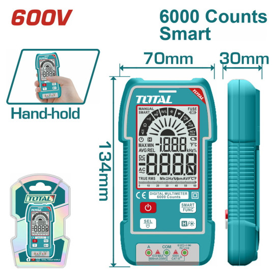 TOTAL Επαγγελματικό πολύμετρο ψηφιακό 600V True RMS με μέτρηση AC/DC TMT516004