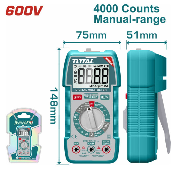 TOTAL Επαγγελματικό πολύμετρο ψηφιακό 600V True RMS με μέτρηση AC/DC TMT536002