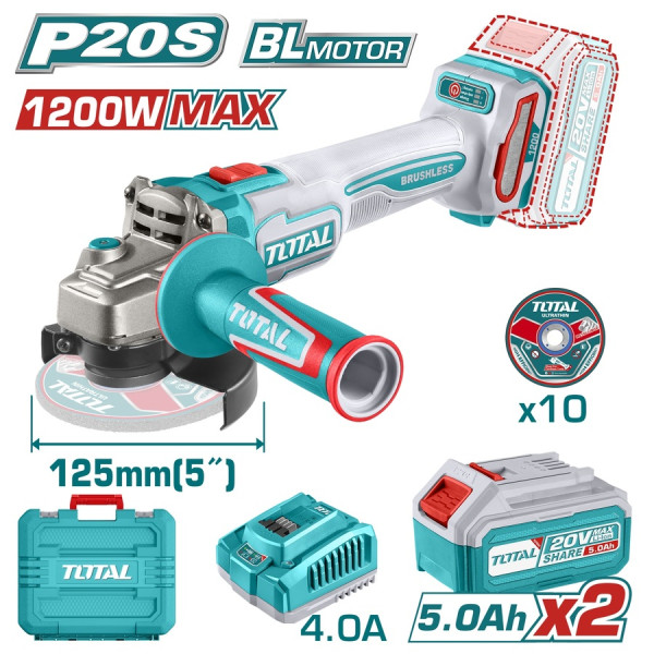 TOTAL Επαγγελματικός γωνιακός τροχός 125mm μπαταρίες Li-ion 20V / 5Ah / 2 μπαταρίες TAGLI2212532E