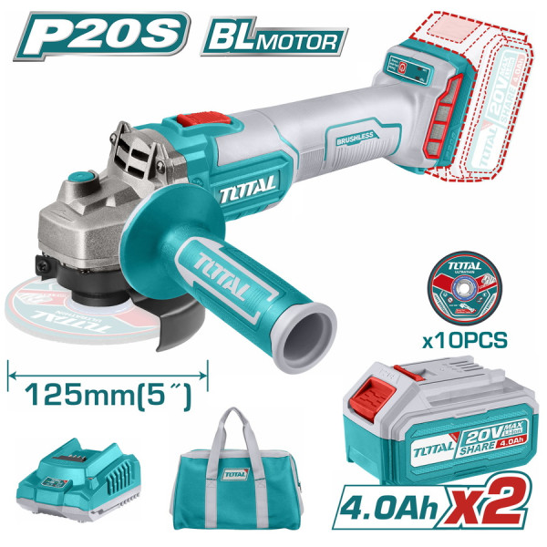 TOTAL Επαγγελματικό σετ γωνιακός λειαντήρας 125mm μπαταρίας Li-ion 20V / 4Ah / 2 μπαταρίες TAGLI2012582