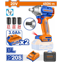 WADFOW Μπουλονόκλειδο μπαταρίας Li-ion 20V / 3Ah / 480Nm / 2 ΜΠΑΤ BL Motor WCD1B48