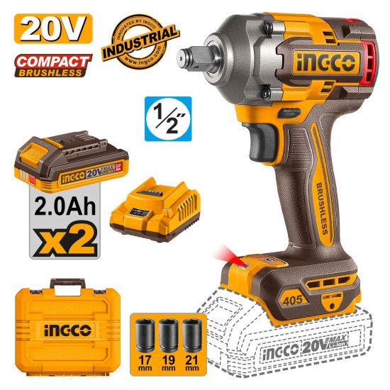   INGCO Μπουλονόκλειδο κρουστικό μπαταρίας 20V Li-Ion 405-555Nm με AΙ CIWLI2045E