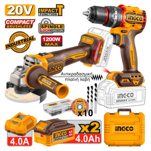 INGCO Σετ Δράπανο 66NM & Τροχός 1200W & 2X4.0AH 20V CKLI20256E