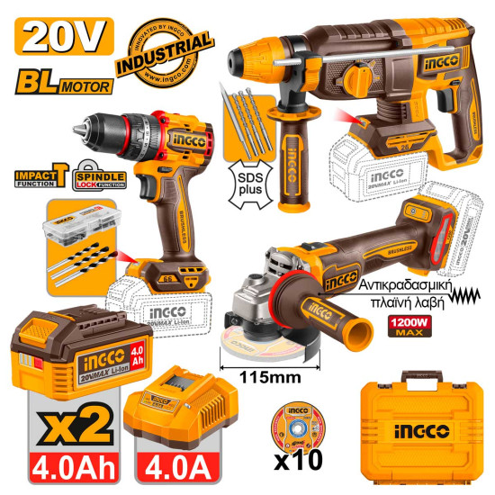 INGCO Σετ κρουστικό δράπανο + πιστολέτο + τροχός 20V Li-Ion σετ 3 τεμ CKLI202598E